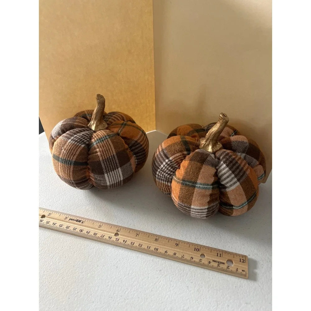 Set of 2 Plaid Fabric Pumpkins Orange Brown Gold Stem Fall Decor 5 Inch